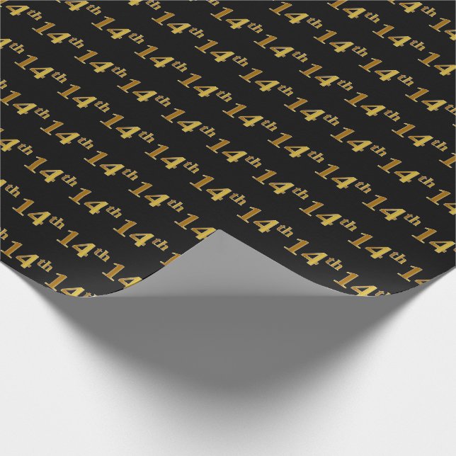Black, Faux Gold 14th (Fourteenth) Event Wrapping Paper (Corner)