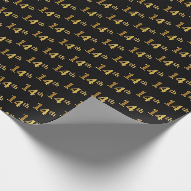 Black, Faux Gold 14th (Fourteenth) Event Wrapping Paper (Corner)