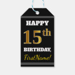 [ Thumbnail: Black, Faux Gold 15th Birthday + Custom Name Gift Tags ]
