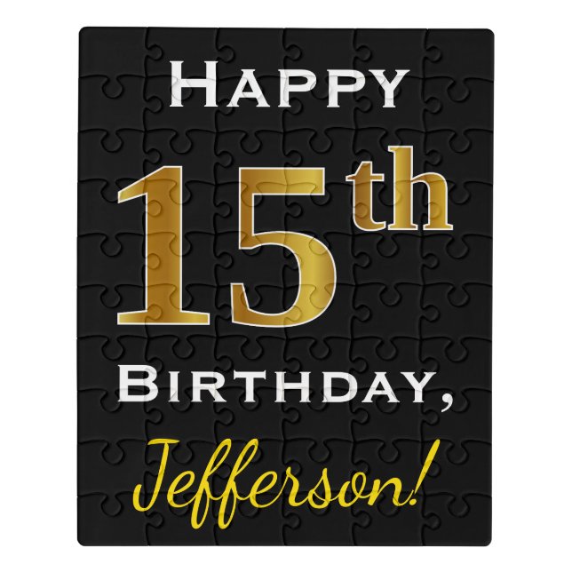 Black, Faux Gold 15th Birthday + Custom Name Jigsaw Puzzle (Puzzle Vertical)