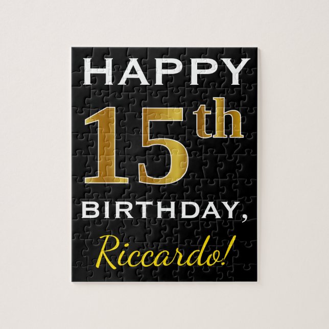 Black, Faux Gold 15th Birthday + Custom Name Jigsaw Puzzle (Vertical)