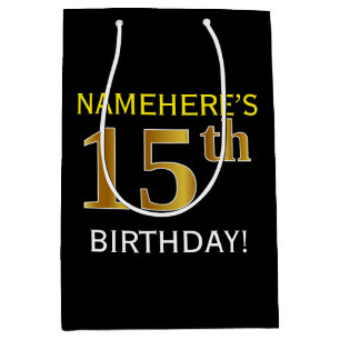Black, Faux Gold 15th Birthday + Custom Name Medium Gift Bag
