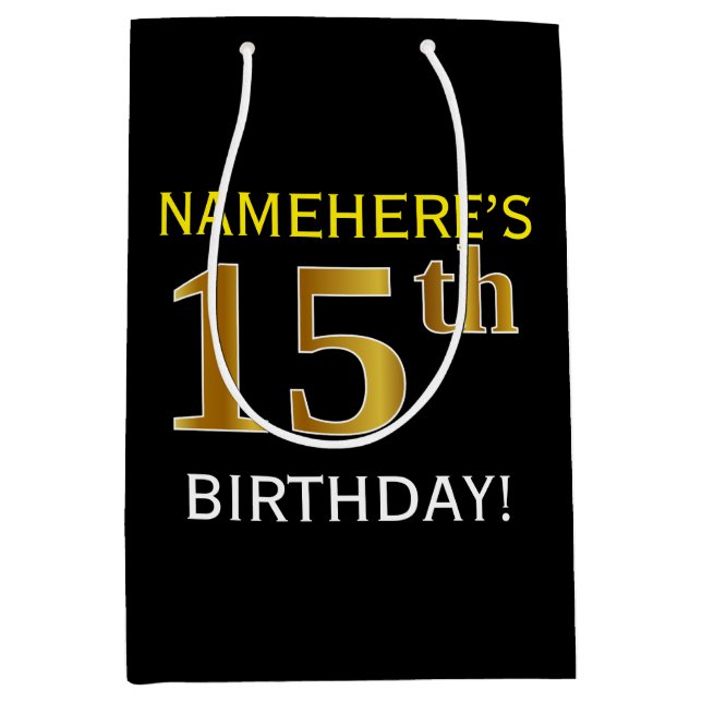 Black, Faux Gold 15th Birthday + Custom Name Medium Gift Bag (Front)