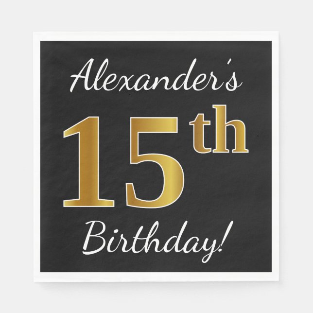Black, Faux Gold 15th Birthday + Custom Name Paper Napkins (Front)