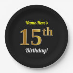 [ Thumbnail: Black, Faux Gold 15th Birthday + Custom Name Paper Plates ]