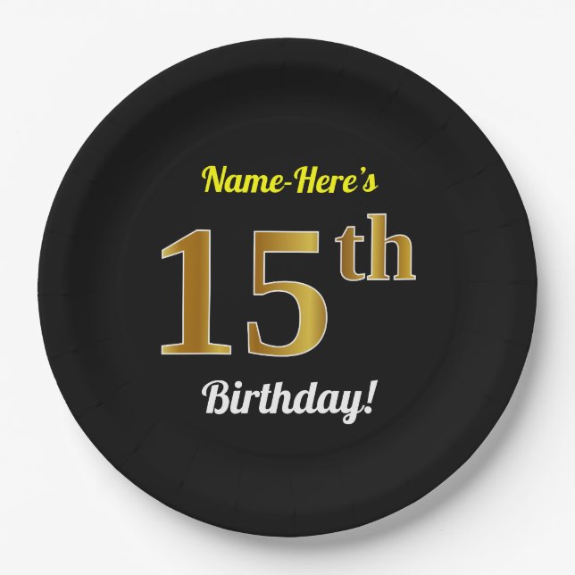 Black, Faux Gold 15th Birthday + Custom Name Paper Plates (Front)