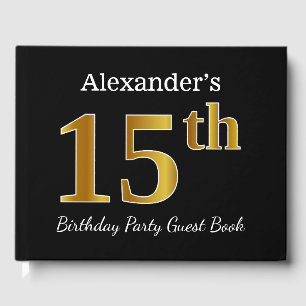 Black, Faux Gold 15th Birthday Party + Custom Name Guest Book
