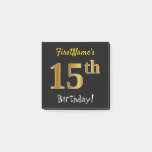 [ Thumbnail: Black, Faux Gold 15th Birthday, With Custom Name Notes ]