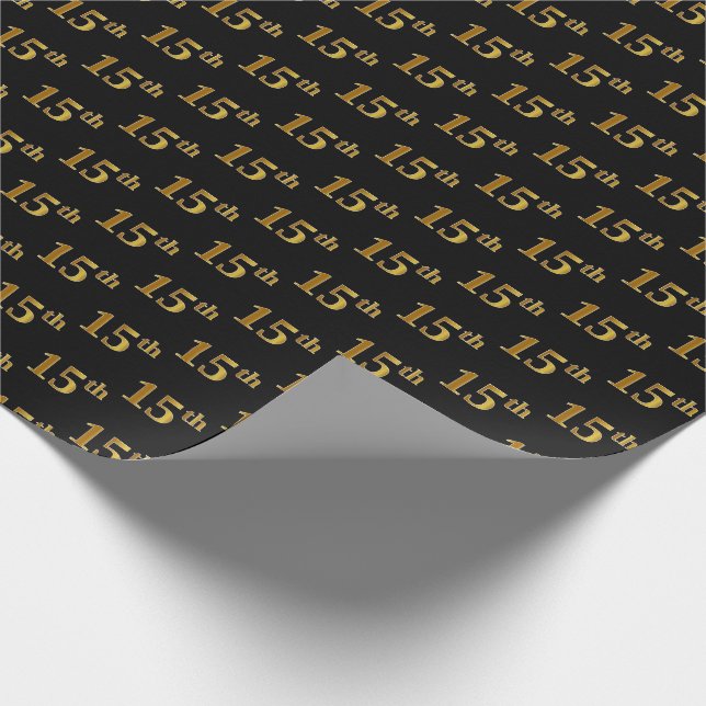 Black, Faux Gold 15th (Fifteenth) Event Wrapping Paper (Corner)