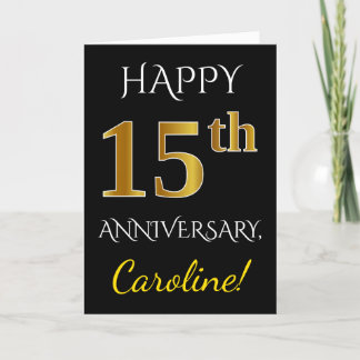 Black, Faux Gold 15th Wedding Anniversary Name Card