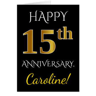 Black, Faux Gold 15th Wedding Anniversary Name Card