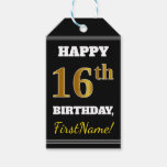 [ Thumbnail: Black, Faux Gold 16th Birthday + Custom Name Gift Tags ]