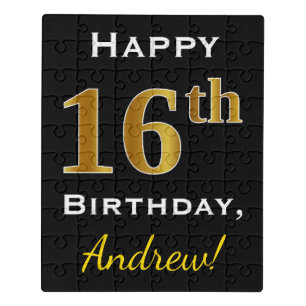 Black, Faux Gold 16th Birthday + Custom Name Jigsaw Puzzle