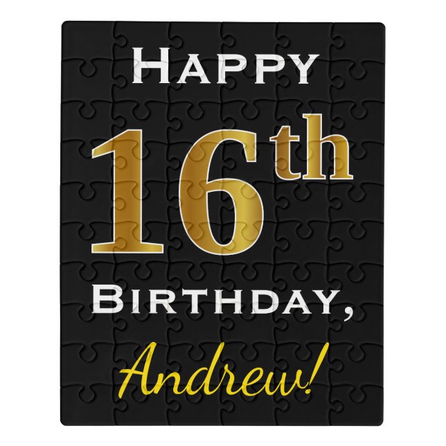 Black, Faux Gold 16th Birthday + Custom Name Jigsaw Puzzle (Puzzle Vertical)