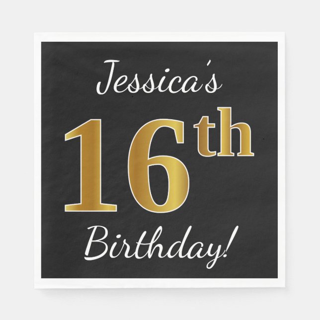 Black, Faux Gold 16th Birthday + Custom Name Napkins (Front)