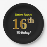 [ Thumbnail: Black, Faux Gold 16th Birthday + Custom Name Paper Plates ]
