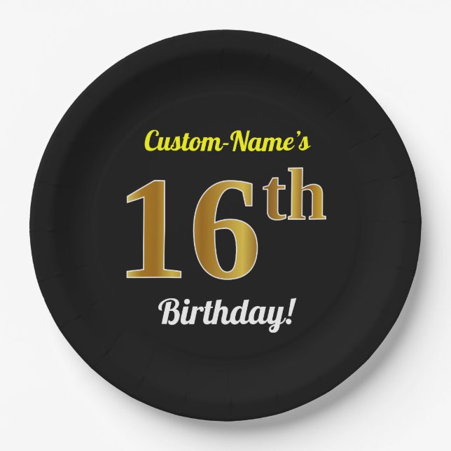Black, Faux Gold 16th Birthday + Custom Name Paper Plates (Front)