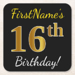 [ Thumbnail: Black, Faux Gold 16th Birthday + Custom Name Paper Coaster ]