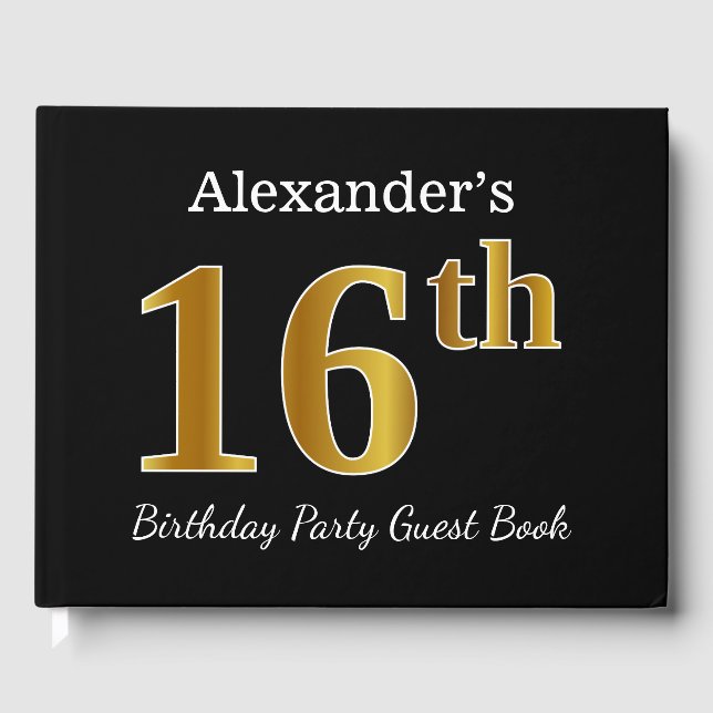 Black, Faux Gold 16th Birthday Party + Custom Name Guest Book (Front)