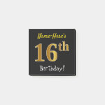 [ Thumbnail: Black, Faux Gold 16th Birthday, With Custom Name Notes ]