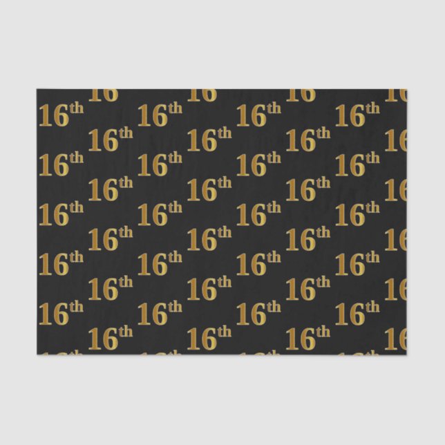Black, Faux Gold 16th (Sixteenth) Event Tissue Paper (Front)