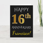 [ Thumbnail: Black, Faux Gold 16th Wedding Anniversary + Card ]