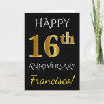 [ Thumbnail: Black, Faux Gold 16th Wedding Anniversary + Name Card ]