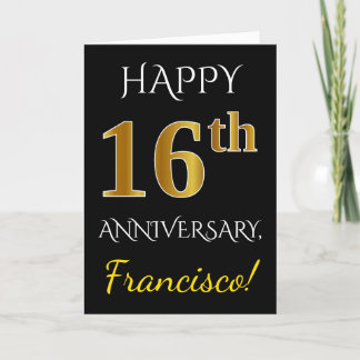 Black, Faux Gold 16th Wedding Anniversary + Name Card