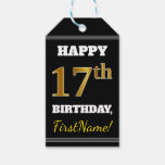 [ Thumbnail: Black, Faux Gold 17th Birthday + Custom Name Gift Tags ]