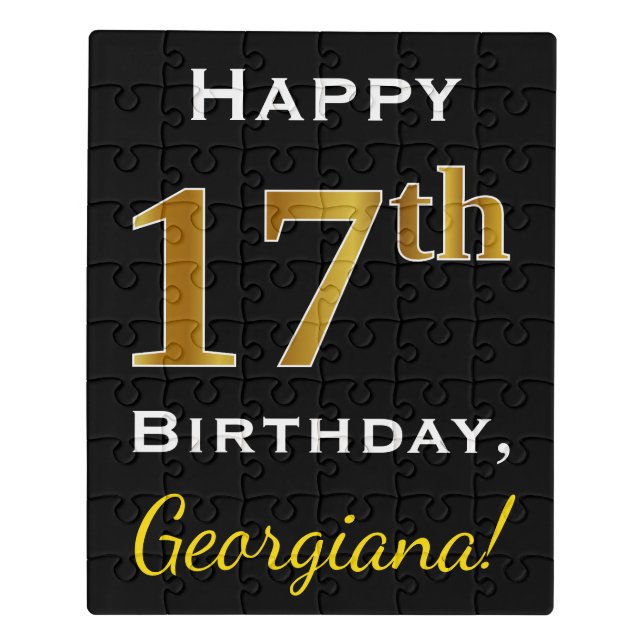 Black, Faux Gold 17th Birthday + Custom Name Jigsaw Puzzle (Puzzle Vertical)