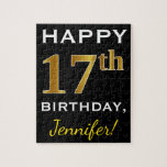 [ Thumbnail: Black, Faux Gold 17th Birthday + Custom Name Jigsaw Puzzle ]