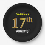 [ Thumbnail: Black, Faux Gold 17th Birthday + Custom Name Paper Plates ]
