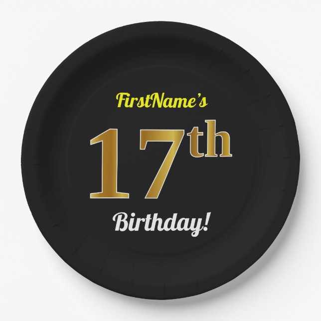 Black, Faux Gold 17th Birthday + Custom Name Paper Plates (Front)