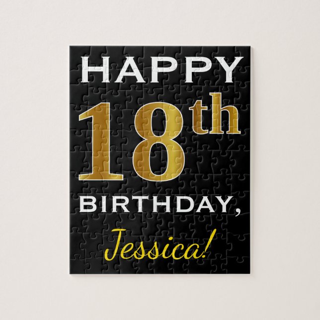 Black, Faux Gold 18th Birthday + Custom Name Jigsaw Puzzle (Vertical)