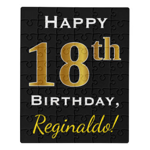 Black, Faux Gold 18th Birthday + Custom Name Jigsaw Puzzle