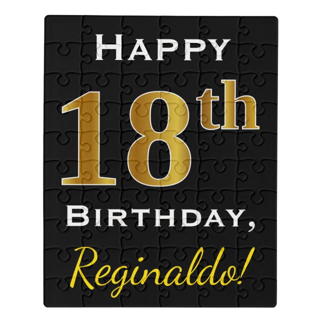 Black, Faux Gold 18th Birthday + Custom Name Jigsaw Puzzle (Puzzle Vertical)
