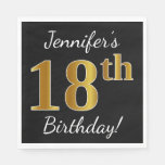 [ Thumbnail: Black, Faux Gold 18th Birthday + Custom Name Paper Napkin ]