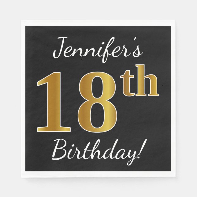 Black, Faux Gold 18th Birthday + Custom Name Paper Napkins (Front)