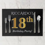 [ Thumbnail: Black, Faux Gold 18th Birthday + Custom Name Paper Placemat ]
