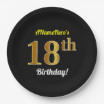 [ Thumbnail: Black, Faux Gold 18th Birthday + Custom Name Paper Plates ]
