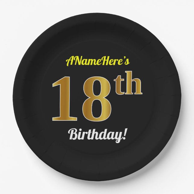 Black, Faux Gold 18th Birthday + Custom Name Paper Plates (Front)