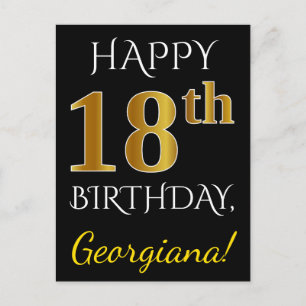 Black, Faux Gold 18th Birthday + Custom Name Postcard