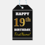 [ Thumbnail: Black, Faux Gold 19th Birthday + Custom Name Gift Tags ]
