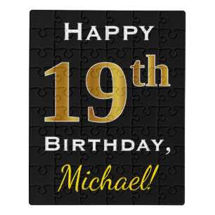Black, Faux Gold 19th Birthday + Custom Name Jigsaw Puzzle