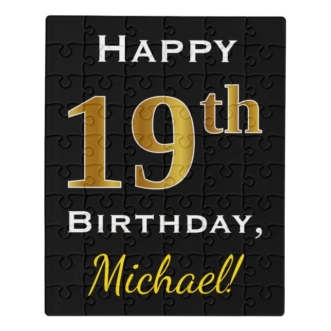 Black, Faux Gold 19th Birthday + Custom Name Jigsaw Puzzle (Puzzle Vertical)