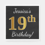 [ Thumbnail: Black, Faux Gold 19th Birthday + Custom Name Paper Napkin ]