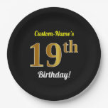 [ Thumbnail: Black, Faux Gold 19th Birthday + Custom Name Paper Plates ]