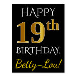 [ Thumbnail: Black, Faux Gold 19th Birthday + Custom Name Postcard ]