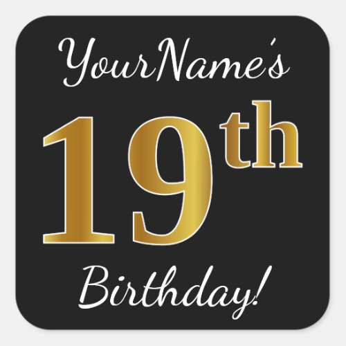 Black Faux Gold 19th Birthday  Custom Name Square Sticker