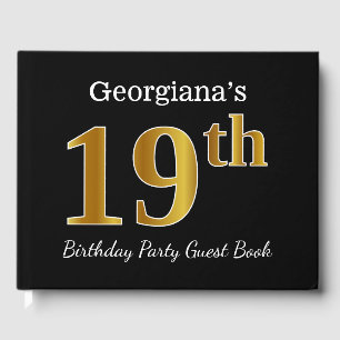 Black, Faux Gold 19th Birthday Party + Custom Name Guest Book